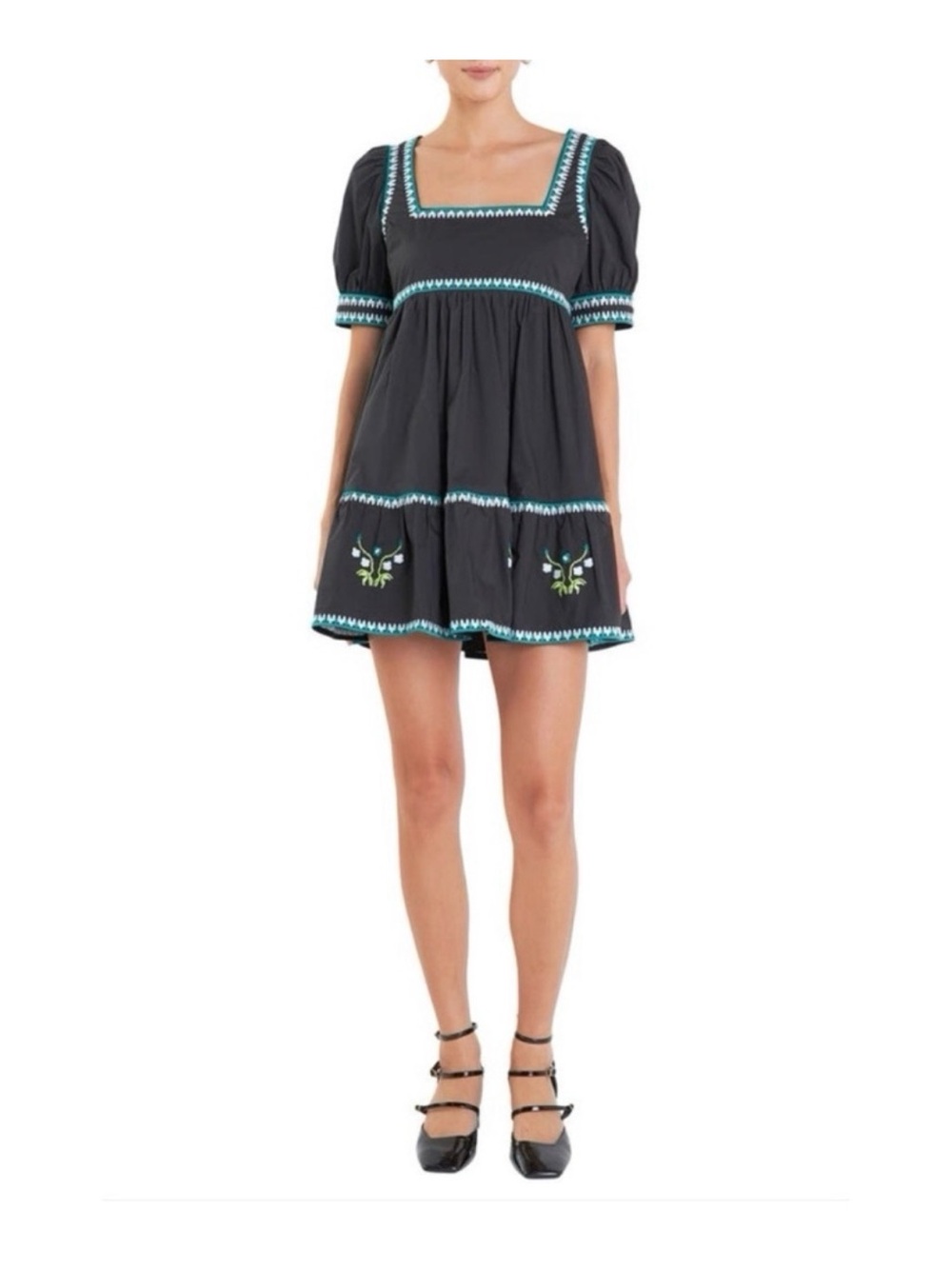 English Factory Black Embroidered Square-Neck Midi Dress with Teal Trim